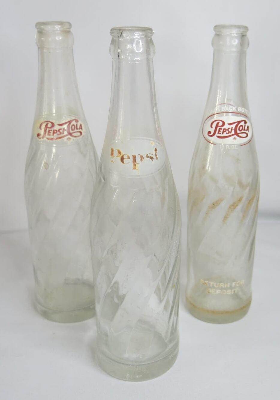 VINTAGE 3 Glass PEPSI BOTTLES Swirl 12 Ounce Soda Pop Clear Bottles Collectibles